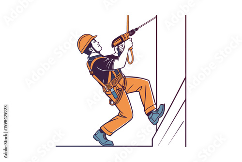 Worker in safety harness and helmet rappelling down a building structure silhouette isolated on white background