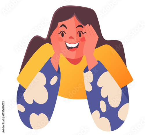 Young girl with vivid emotions, pleasant surprise, shock, delight. Character smiling with wide open eyes, clutched her face with hands. Reaction to unexpected surprise, body language