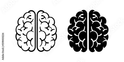Brain icon set. A simple and clean illustration of a human brain in both outline and solid black design. Represents intelligence, thought, and medical concepts.