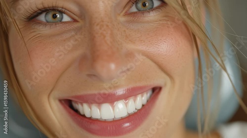 Teeth cosmetic beauty dentist care gum teeth Smiling woman with bright teeth and close-up facial details.	