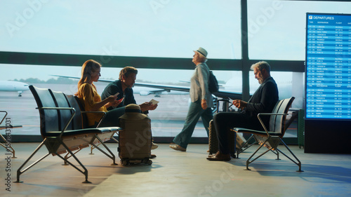 Passengers waiting in airport lounge checking tickets and departures board