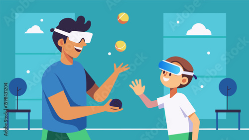 A father and son connect via VR to play an exciting game of virtual tennis bridging the distance between them and bonding over their shared passion. Vector illustration