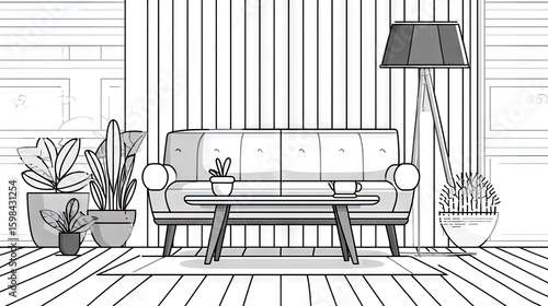 Line drawing of a cozy living room