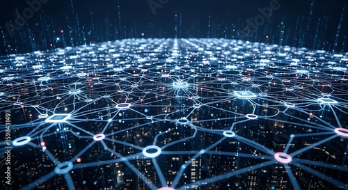 Abstract network visualization with interconnected nodes and lines over a blurred cityscape backdrop, representing data flow and digital connectivity.