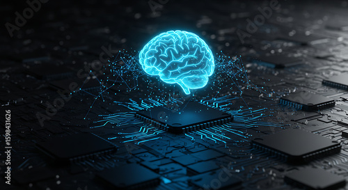 Cybernetic Mindscape: An illuminated holographic brain hovers above a computer chip.