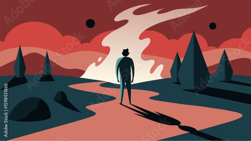 A figure stands in front of a charcoal landscape their shadow stretching out behind them symbolizing the past that shapes us and the future that we. Vector illustration