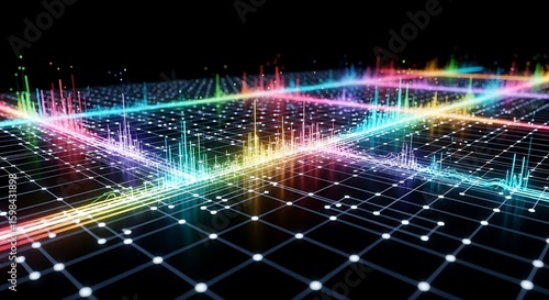 Abstract visualization of data with colorful vertical bars rising from a grid, representing information flow and technological connectivity.