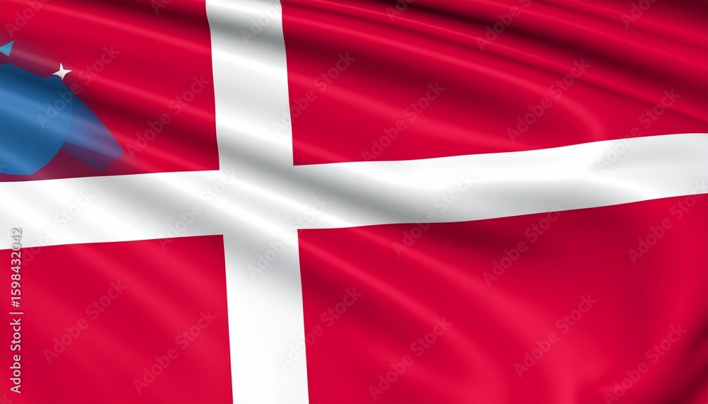Obraz premium Denmark flag with a bold red field and white Scandinavian cross, modified with a blue square in the top-left corner containing white stars—symbolic blend of Danish heritage and possibly international