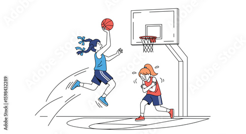 Two athletic women play basketball on a court with one jumping to score a basket while the other defends them