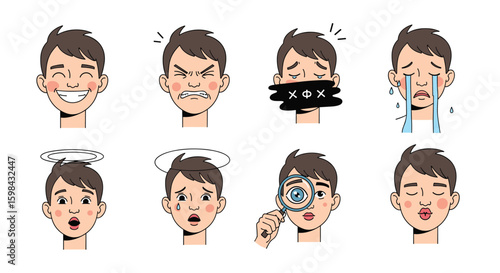 Collection of eight expressive human faces showing various emotions and reactions through facial expressions and symbols
