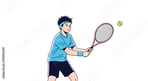 Young boy playing tennis hitting a yellow ball with a racket on a white background active sports game