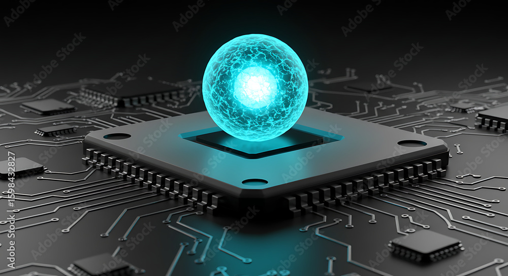 Obraz premium Digital Core: An abstract depiction of a digital core, a glowing sphere levitating above a microchip on a sleek circuit board, symbolizing modern technology's core.