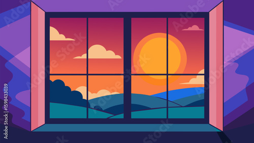 A child draws the sunset from their bedroom window depicting the beauty and tranquility of the moment with vibrant colors.. Vector illustration