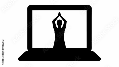 Silhouette of a person doing yoga on a laptop screen