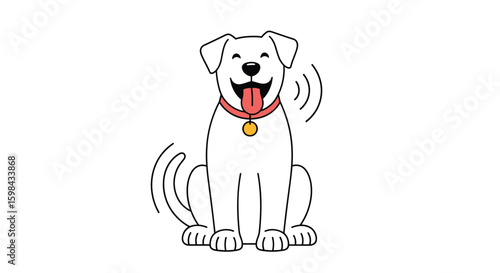 A happy white dog sitting down with its tongue sticking out and wagging its tail and ears creating a fun and energetic feeling