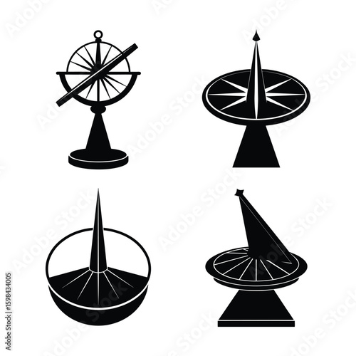 Sundial Icon Set – Black Silhouette Sundial and Armillary Sphere Vector Collection Isolated on White Background