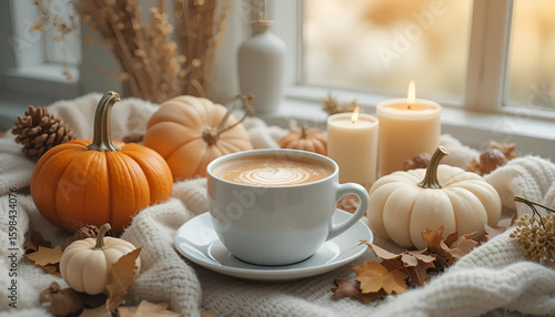 Autumn coffee pumpkins and candles cozy fall season aesthetic background wallpaper desktop thanksgiving © Jawad Noor