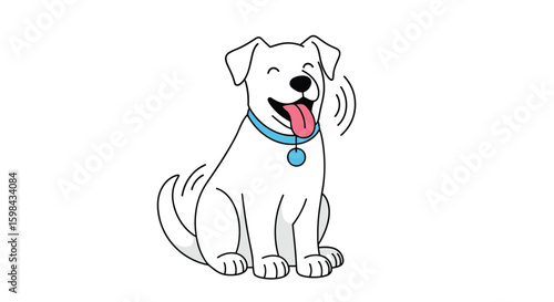 Joyful white dog sitting happily with tongue out and tail wagging energetically