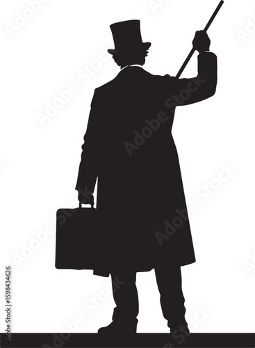 Gentleman with top hat briefcase and cane silhouette