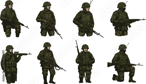 Vector art of a group of soldiers in camouflage uniforms holding rifles in various poses