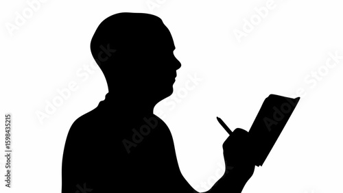 Silhouette of a man writing in a notebook with pen