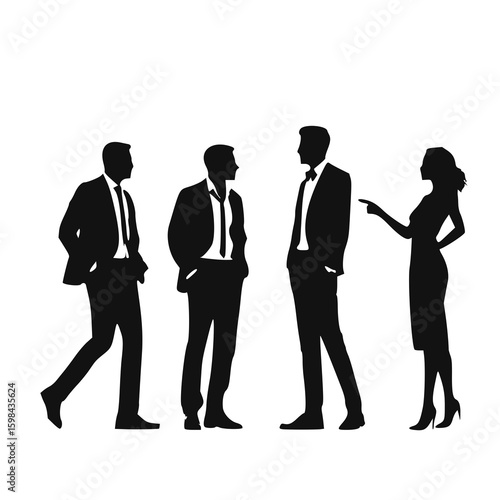 professional men and women in various business-related poses and interactions. The silhouettes depict individuals walking, standing, sitting, working at desks, discussing, pointing, shaking hands, and