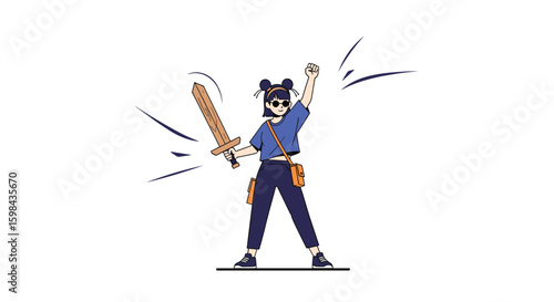 A determined anime style warrior woman holding a large wooden sword raises her fist in triumph after a successful battle