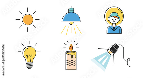 Collection of diverse light sources illustration showing illumination and energy concepts