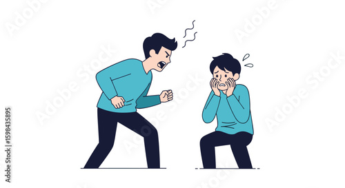 An angry man shouting vigorously at a scared person who is covering his ears to block the noise