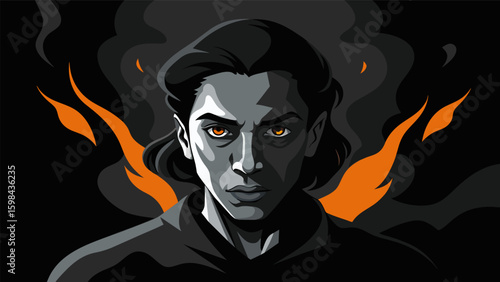 A charcoal portrait of a persons face shows their journey through darkness and light with dark smudges and bright highlights representing the growth. Vector illustration
