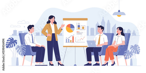 Business presentation scene with diverse professionals, flip chart visuals, and analytics, symbolizing teamwork, strategy, and data sharing