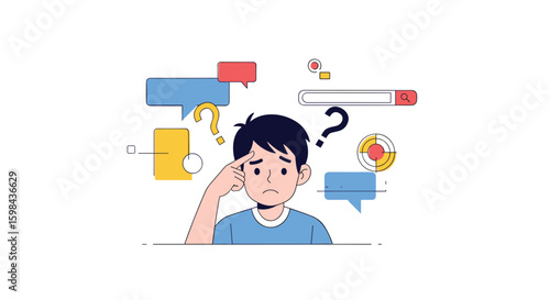 Confused young boy thinking with question marks and speech bubbles floating around his head showing confusion and uncertainty about a problem