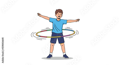 Young boy happily twirling a colorful hula hoop around his waist exercising outdoors on a sunny day