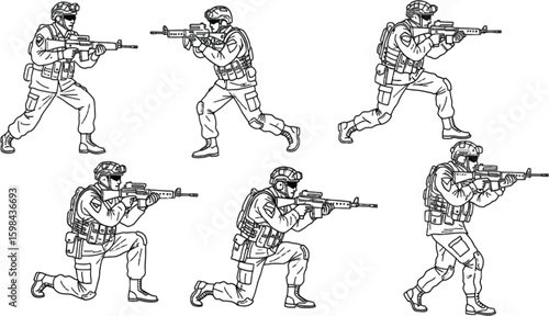 Vector art of soldiers in tactical gear are depicted in various combat poses, isolated on white background