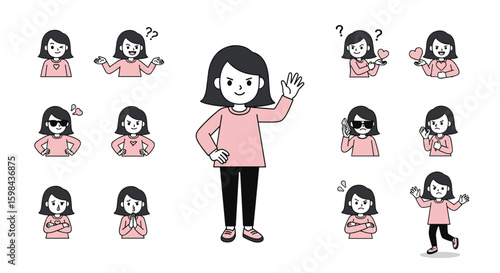 A collection of pixelated woman expressions and actions showing different emotions and poses