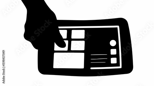 Hand holding a tablet with a grid interface shown