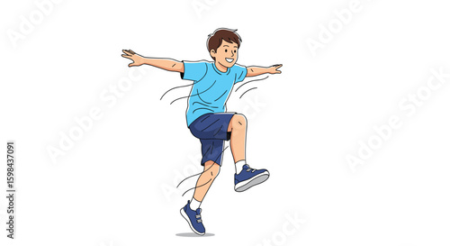 A young boy demonstrates a dynamic athletic movement focusing on balance and coordination during his physical training session