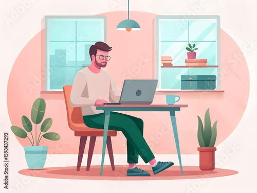 A bearded man with glasses works on his laptop at a desk in his home office with a city view