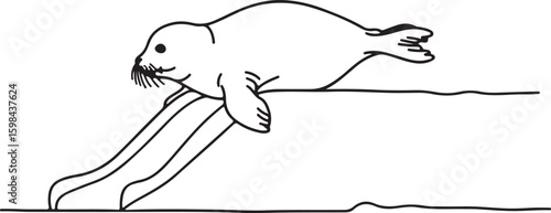 Line art of a playful baby seal sliding on ice, minimal details with bold black lines, white background,