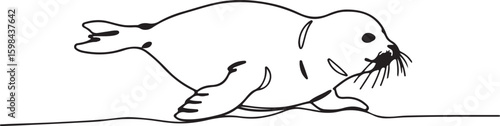 Line art of a playful baby seal sliding on ice, minimal details with bold black lines, white background,