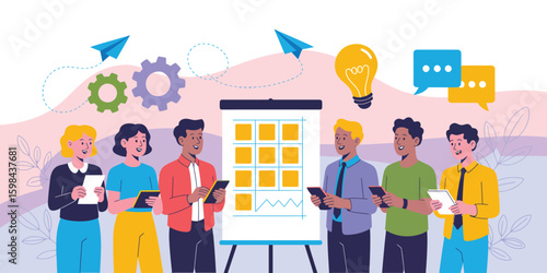 Business team brainstorming ideas around flip chart with colorful icons, symbolizing innovation, strategy, teamwork, and problem-solving