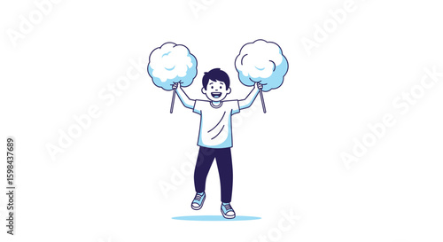 Young boy happily holds two large balls of cotton candy overhead while skipping joyfully