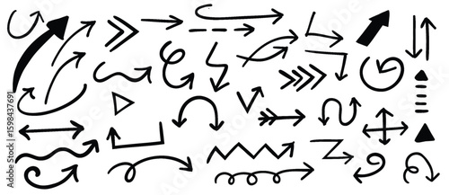 Hand drawn arrow mark icons vector, sketch arrow design for business plan and education, Collection of doodle arrows, lines, symbol, shapes on white background. Simple icon illustration for education,