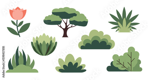 A collection of stylized pixelated nature elements featuring a flower a tree and various bushes and plants