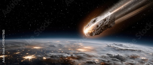 Fototapeta Naklejka Na Ścianę i Meble -  A colossal asteroid approaches Earth, creating a breathtaking spectacle amid clouds and the vast expanse of space