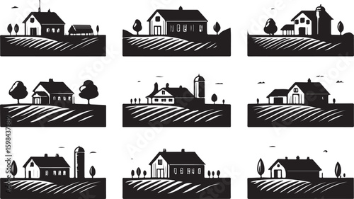 Rural farmhouses with fields and trees barn silo