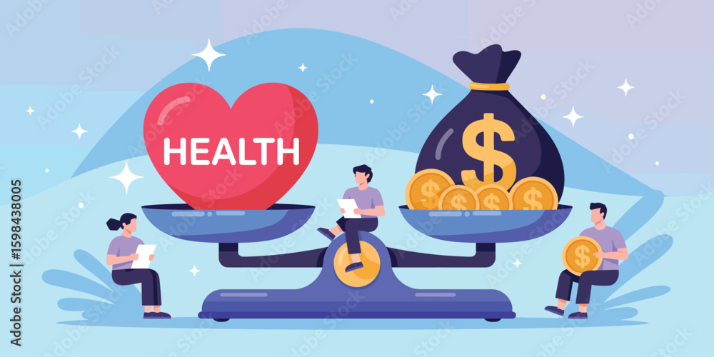 Naklejka premium Conceptual illustration of health and wealth balance with heart and money on scale, symbolizing life priorities, value judgment, and choices