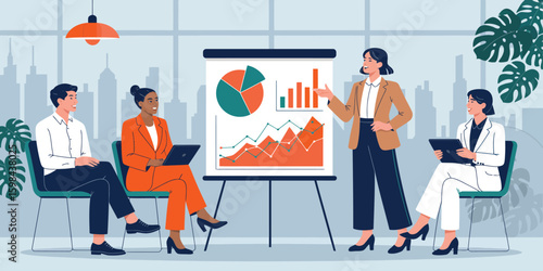 Business presentation with team discussion and flip chart visuals, highlighting strategy, data analysis, and corporate collaboration