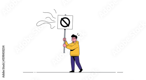 Man holding a sign showing a crossed out circle representing prohibition or stop action and movement