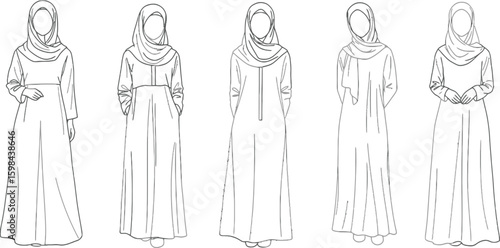 Vector art of a collection of abaya designs isolated on white background showcases traditional muslim fashion